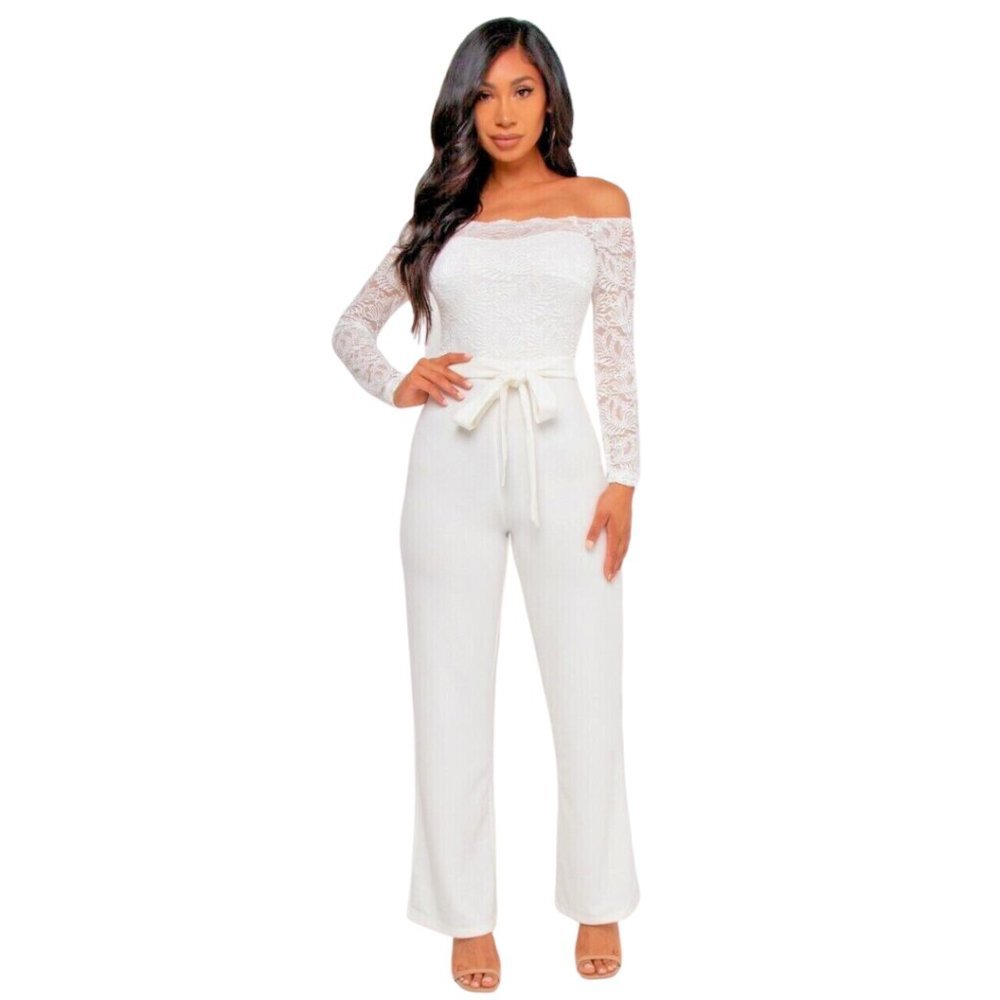 White Cold Shoulder Jumpsuit with Long Sleeves and Tie Belt SMALL - Picture 3 of 5